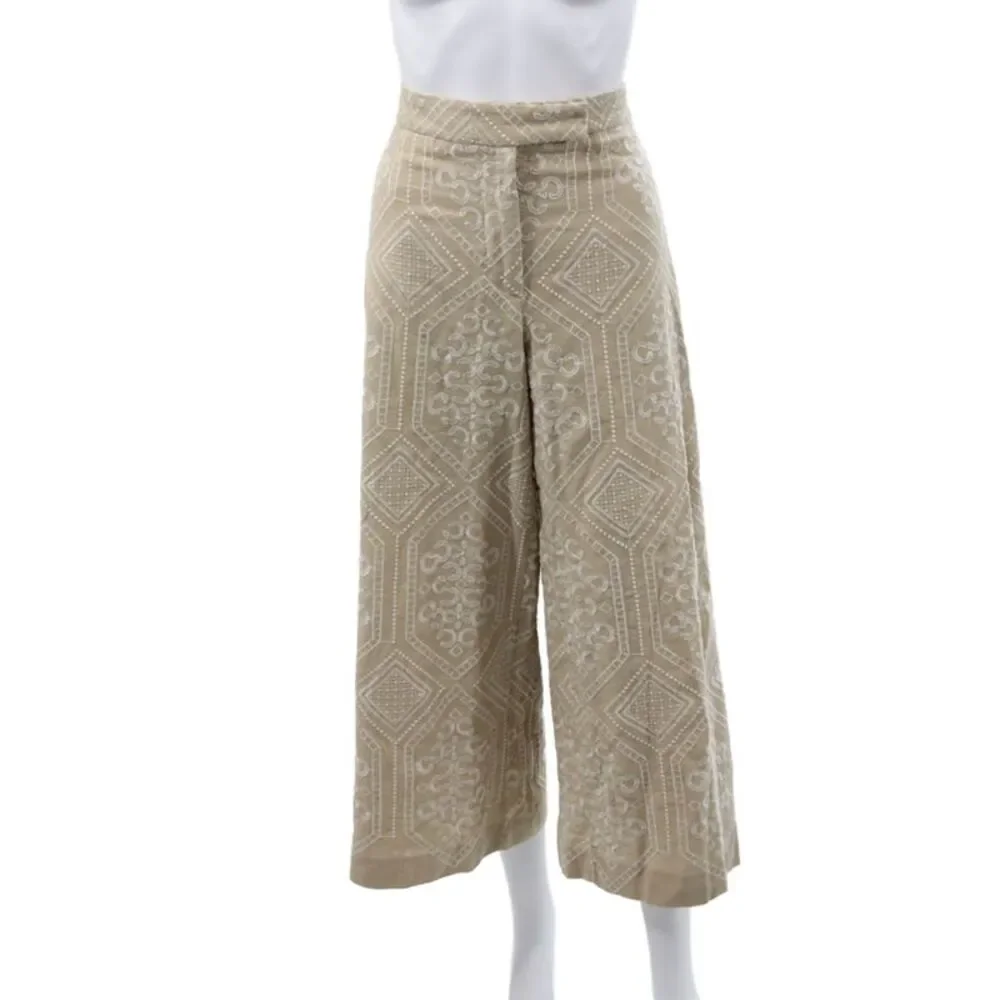 Zara Womens Cropped Geometric Linen Blend Zip Pants Beige Size L